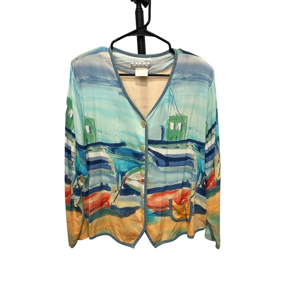 Vintage Nino Wong California Watercolor V Neck Cardigan Colorful Boat Print Sz L